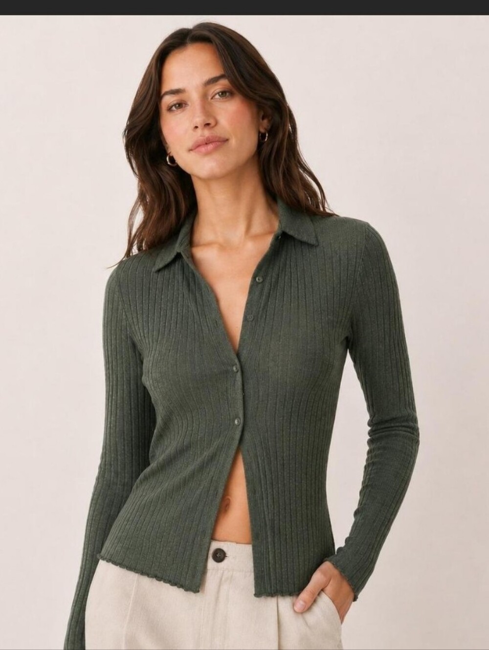 Abercrombie Slim Ribbed Merino Wool Button Front Collared Top In Olive Green